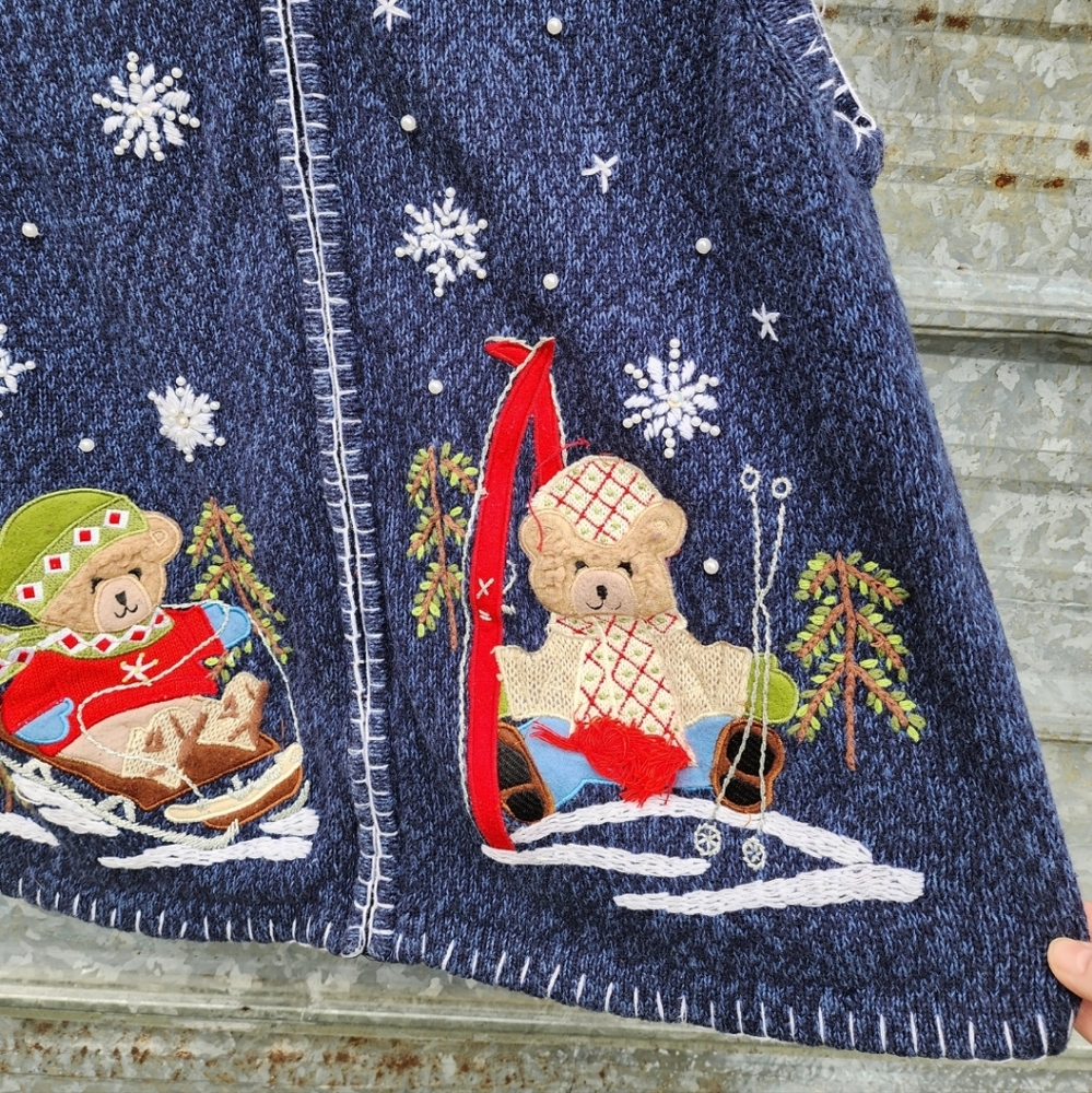 VINTAGE Holiday Not So Ugly Christmas Teddy Bear Embroidered Zip-Up Cardigan - Picture 10 of 14